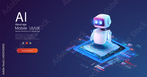 Isometric robotic on processor chip. 3D Robot chatbot, AI in science and business. Futuristic microchip processor with lights on the blue background. Quantum computer. Vector illustration