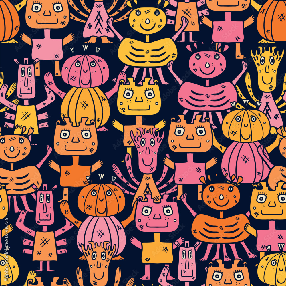 Happy Monster Mash in soft pink orange yellow on dark moody night blue Happy Monster Mash in soft pink orange yellow on dark moody night blue