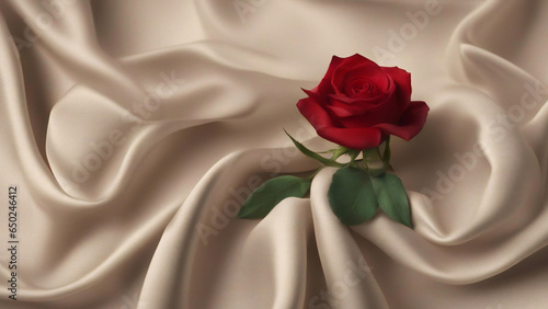 a red rose on the beige silk background