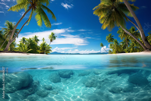 Tall coconut trees frame the view of a stunning Polynesian atoll, epitomizing the natural beauty of the islands