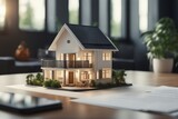 A concept holo 3D render model of a small living house on a table in a real estate agency