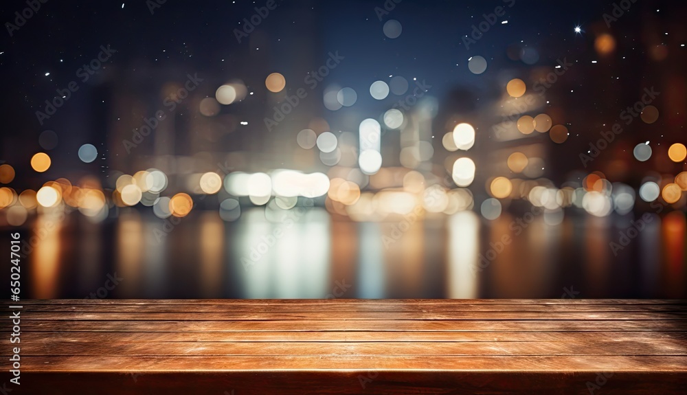 Empty wooden table. Urban nightscape. Symphony of bokeh. City lights in motion. Nighttime abstraction. Nocturnal ambiance. Modern vibes