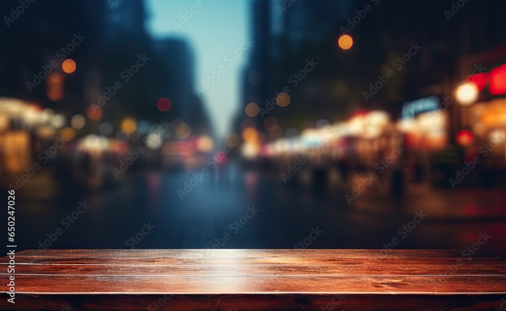Empty wooden table. Urban nightscape. Symphony of bokeh. City lights in motion. Nighttime abstraction. Nocturnal ambiance. Modern vibes