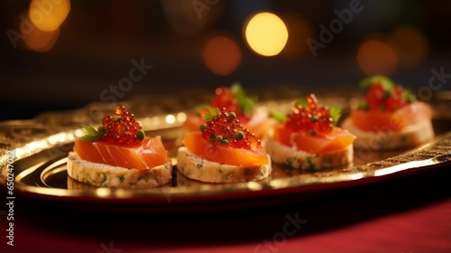 canapés with salmon on a red plate.