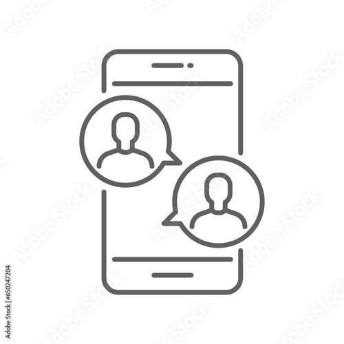 online meetup outline icon. Two people in dialog discussion group. Distant work. Online business chat and meet up together using tablet or smartphones Editable stroke Design