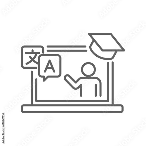 Online language tutoring outline icon. Virtual learning foreign languages lessons. Distance web learning with personal tutor courses. Editable stroke vector illustration design