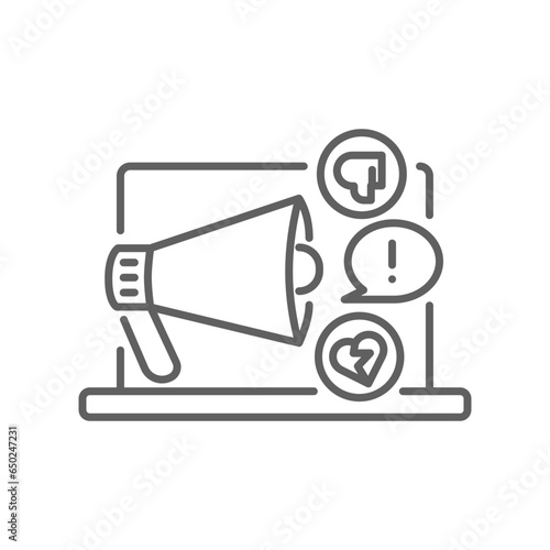 Cyberbullying outline icon. Impersonate social media bully, insult behavior. Digital harassment, emotional message. Haters online. Editable stroke Vector illustration design