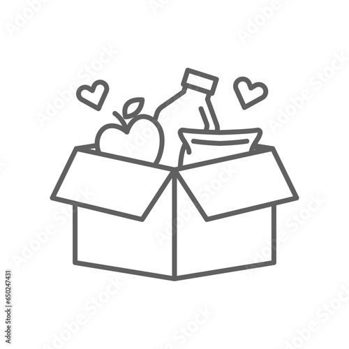 Food donations linear icon, pantry, food bank meal charity line collection logo Box with love. humanitarian volunteer activity. Editable stroke vector illustration design