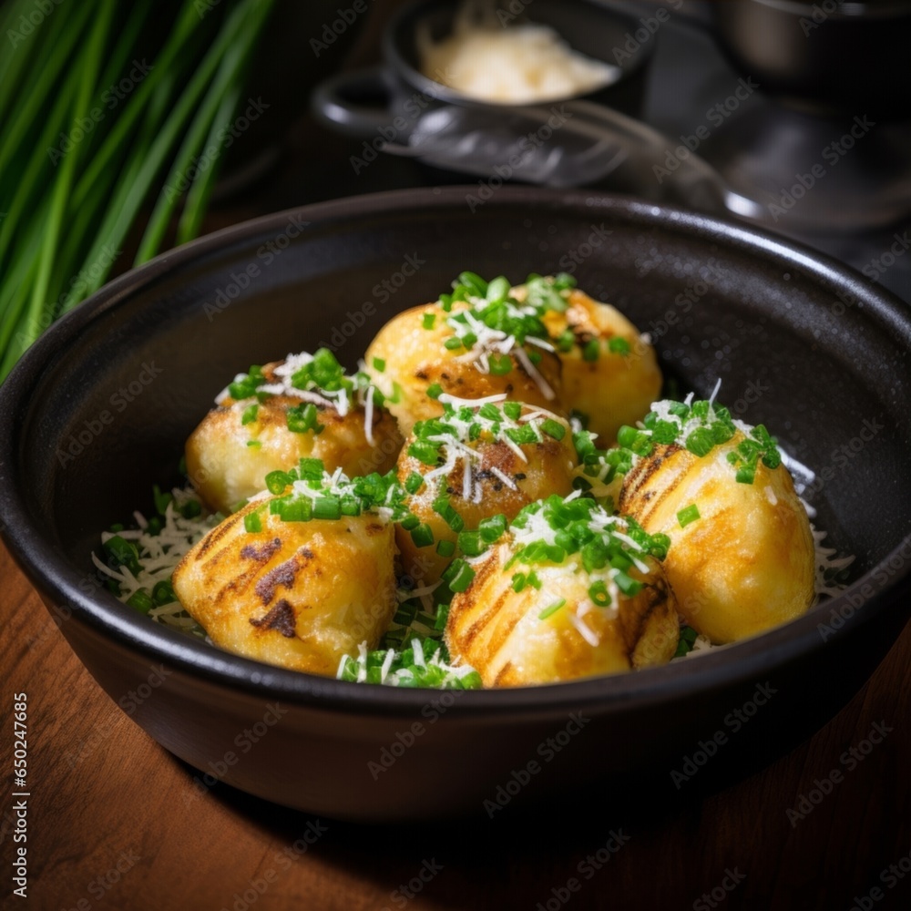 Bracken starch dumplings delicately nestled in a black ceramic bowl, flanked by chopsticks and garnished with finely chopped green onions