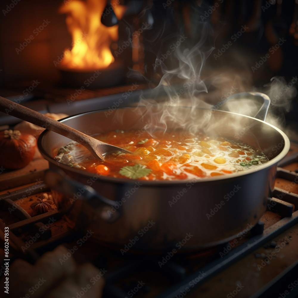 A wooden spoon is stirring a pot of simmering soup