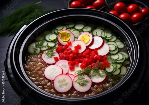 cold buckwheat noodles, garnished with cucumber, radishes, hard-boiled eggs, and chilli paste served in a dark blue ceramic bowl
