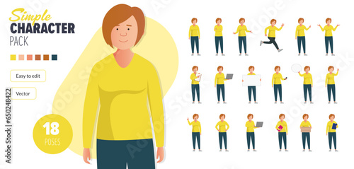 Simple flat female vector character in a set of multiple poses. Easy to edit and isolated on a white background. Modern trendy style character mega pack with lots of poses. 