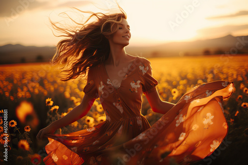 Sunset Serenade Enchanting Woman Dancing in a Field of Flowers at Dusk. created with Generative AI