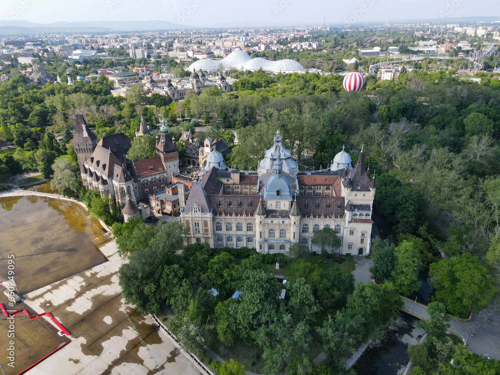 Drone view at Vajdahunyad castle on Budapest in Hungary