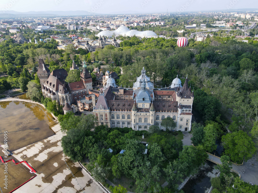 Fototapeta premium Drone view at Vajdahunyad castle on Budapest in Hungary