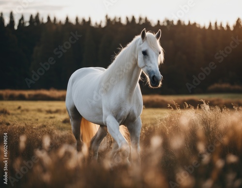 White horse running in the fields near the forest