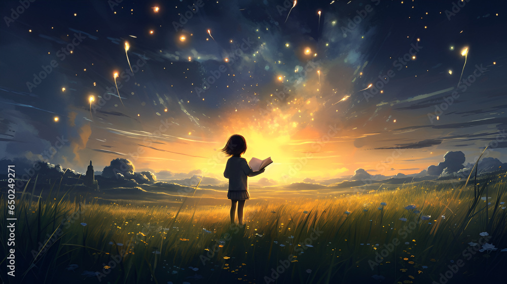 A girl holding a book staring at the sky under the stars | Generative AI - obrazy, fototapety, plakaty 