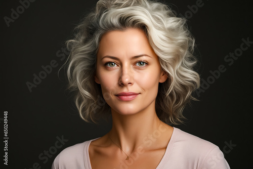 Woman with short grey hair and necklace.