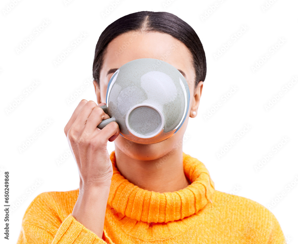 Coffee, cup and person drink morning latte, hot chocolate or wellness beverage, liquid or cacao product. Hidden face, green tea and model with ceramic mug isolated on transparent, png background Coffee, cup and person drink morning latte, hot chocolate or wellness beverage, liquid or cacao product. Hidden face, green tea and model with ceramic mug isolated on transparent, png background
