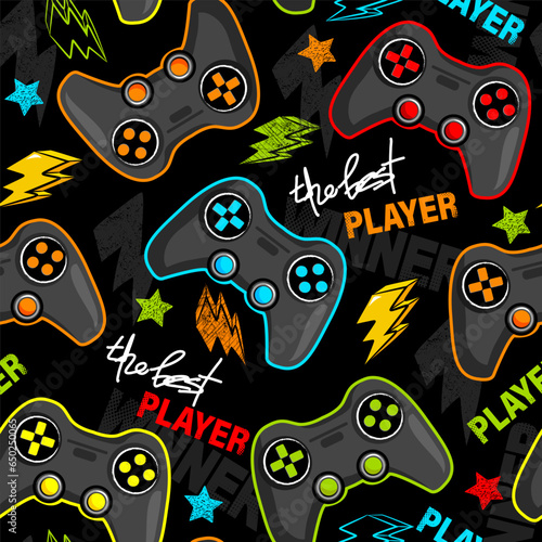 Seamless abstract pattern with joystick game. Print for boys.
