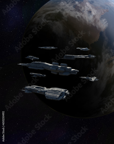 Deep Space Battle Fleet Assembly above an Alien Planet, 3d digitally rendered science fiction illustration