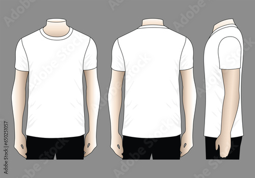 Blank White Short Sleeve T-Shirt Template on Gray Background. Front, Back and Side Views, Vector File.