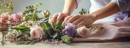 Cropped view of florist hands making flower bouquet on table surface photo