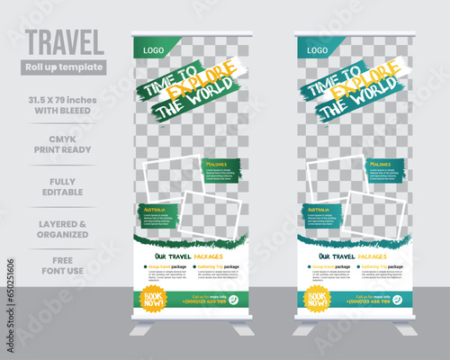 Travel vacation business agency standee x rollup banner template design. Vector illustration.