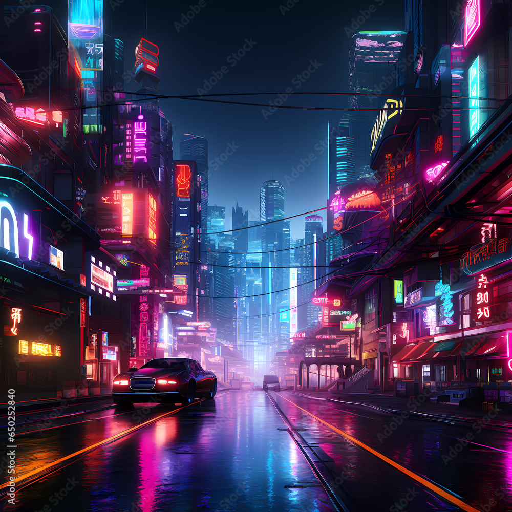 Fototapeta premium Cyberpunk Retro Futuristic City with Neon Lights