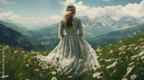 Mujer vestida de novia en un prado verde en la montaña