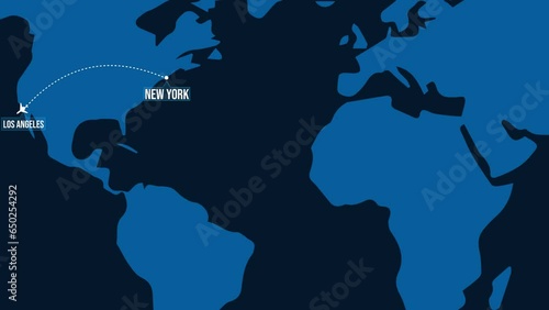 New York to Los Angeles domestic flight route 4K Animation with world map and plane