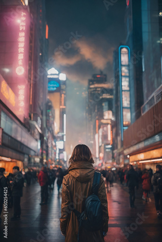 The girl is traveling to the future city, the futuristic cityscape around you and how people live their lives in this advanced societ photo