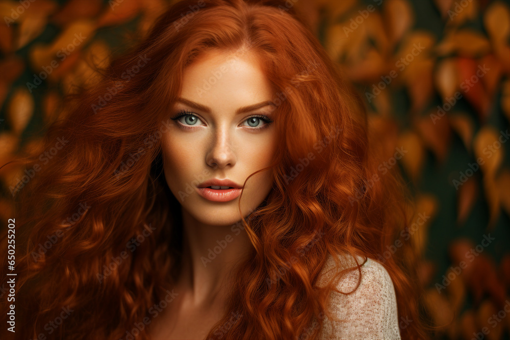 Fototapeta premium Generative Ai illustration of stunning woman surrounded by dry foliage autumn decorations background