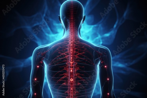Pain highlighted in blue and red in persons body. Medical concept with areas of pain