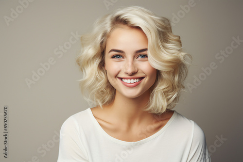 Generative Ai portrait of young pretty woman natural beauty blond hairstyle on background