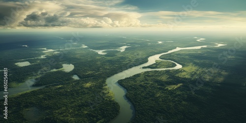 areal view of the vast amazon river and amazonian lush rain forest jungle. untouched, foliage, dense, vibrant, ecological diversity.