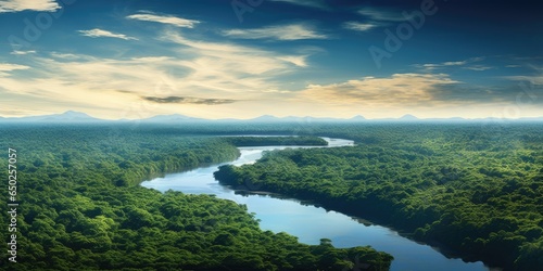 areal view of the vast amazon river and amazonian lush rain forest jungle. vast fantasy woods. 