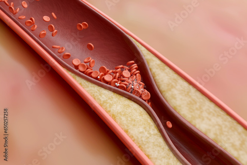 Coronary thrombosis, Blood clot inside a blood vessel of the heart. Coronary artery disease concept, 3D rendering. photo