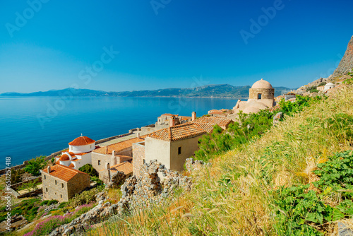 Monemvasia, Greece. View over the fortified town  photo