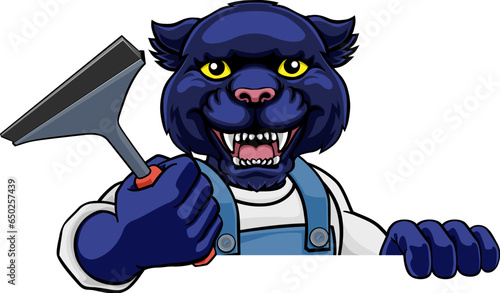 A panther cartoon mascot car or window cleaner holding a squeegee tool peeking round a sign photo