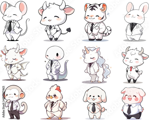 Collection Vector of Twelve Chinese Zodiac Year Wearing White Suit Astrological Signs and Symbol in Cute Cartoon Style on White Background