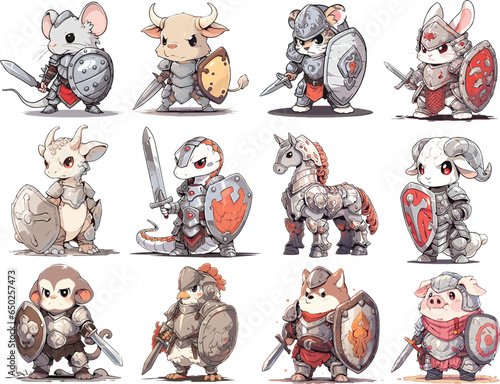 Collection Vector Armor Knight with Sword and Shield of Twelve Chinese Zodiac Year Astrological Signs and Symbol in Cute Cartoon Style on White Background