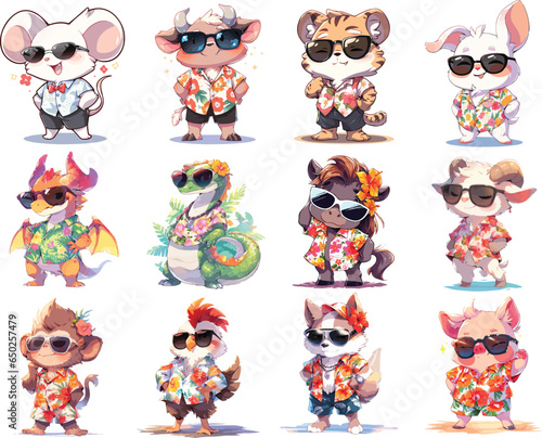 Collection Vector of Twelve Chinese Zodiac Year Wearing Hawaii Shirt Aloha Astrological Signs and Symbol in Cute Cartoon Style on White Background