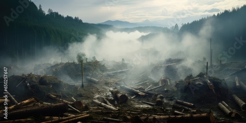 Deforested landscape. Conservation Efforts  Forest Management. Burning forest. Logging forest disaster. 