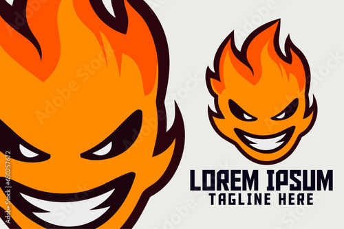 Photography Sport and Esport’s Flame Template, Cute Fire Mascot Head Logo, Blaze Icon Badge