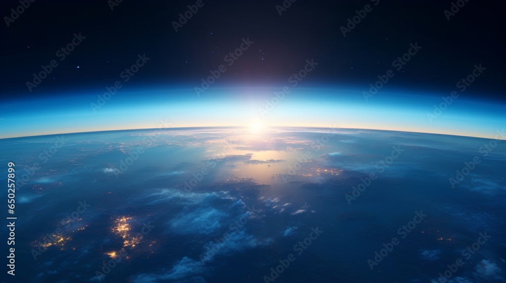 Fototapeta premium A breathtaking view of the sunrise as seen from the orbit of space, with the suns golden rays illuminating the curvature of the Earth against the vast, starstudded expanse of the cosmos.