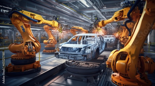 A robot arm car production line.