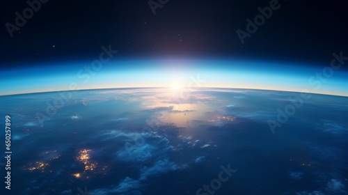 A breathtaking view of the sunrise as seen from the orbit of space, with the suns golden rays illuminating the curvature of the Earth against the vast, starstudded expanse of the cosmos.