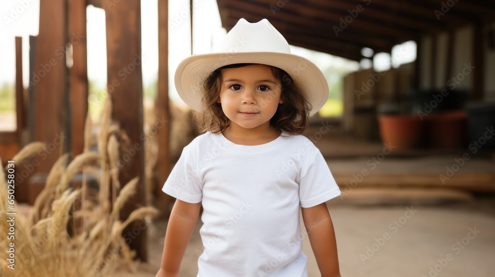 Toddler girl wearing white t-shirt and cowboy hat.