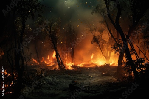Burning forest fire in the dark night background.